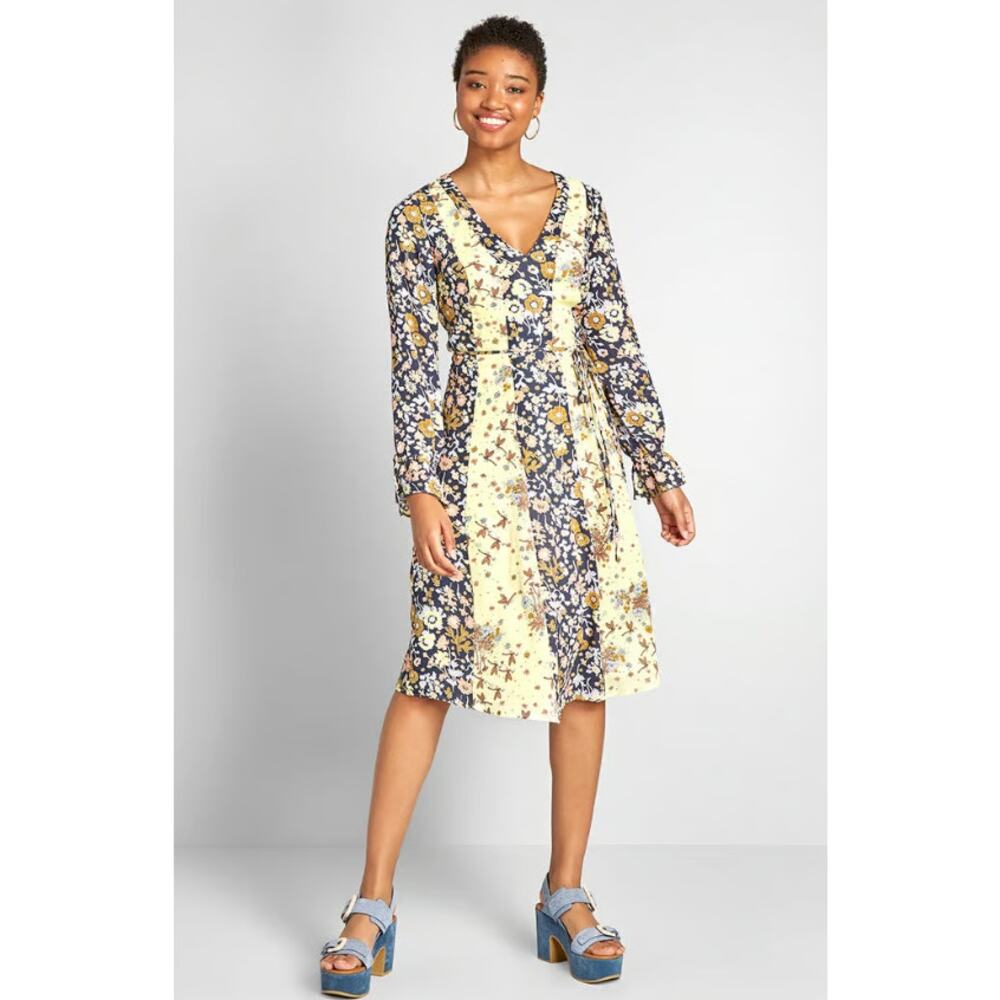 Modcloth Unique Persona Midi Dress Yellow Navy‎ Floral Women's Size 4 Fairy Work